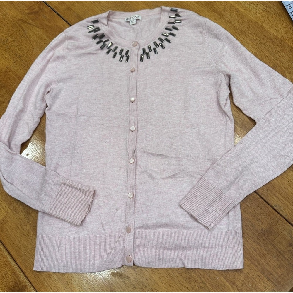 Women's Lady Cardigan Pink Jewel Collar Large Elegant Merona Cotton Blend